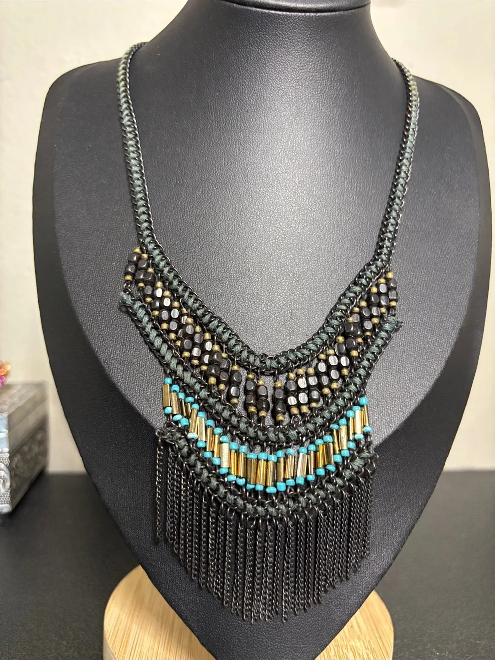 Boho Fringed Beaded Statement Necklace in Black & Turquoise